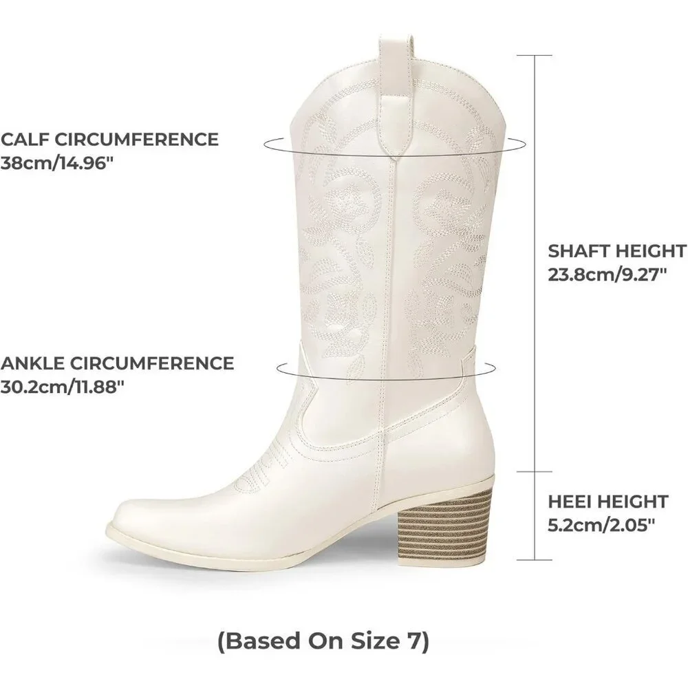 Women's White Cowboy Faux Leather Embroidery Stitched Chunky Heel Mid Calf Boots